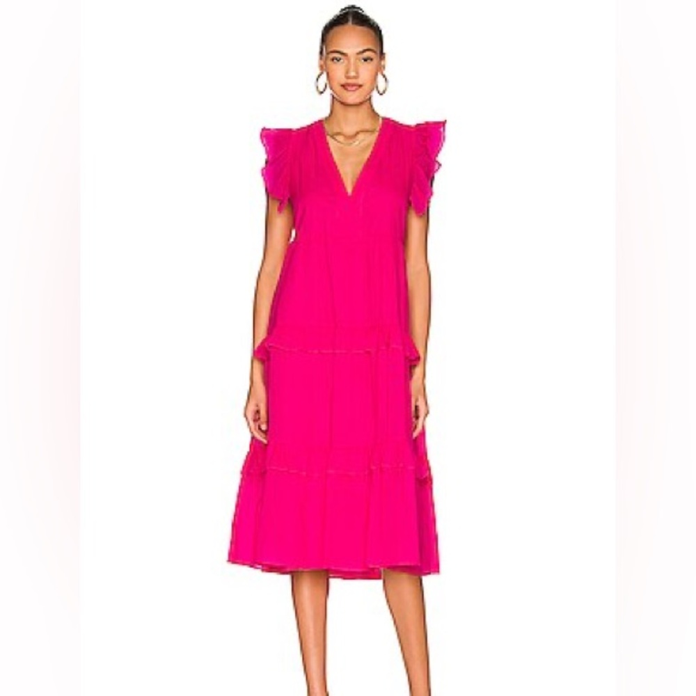Amanda Uprichard Hot Pink Sleeveless V-Neck Midi Dress Lightweight Size Small